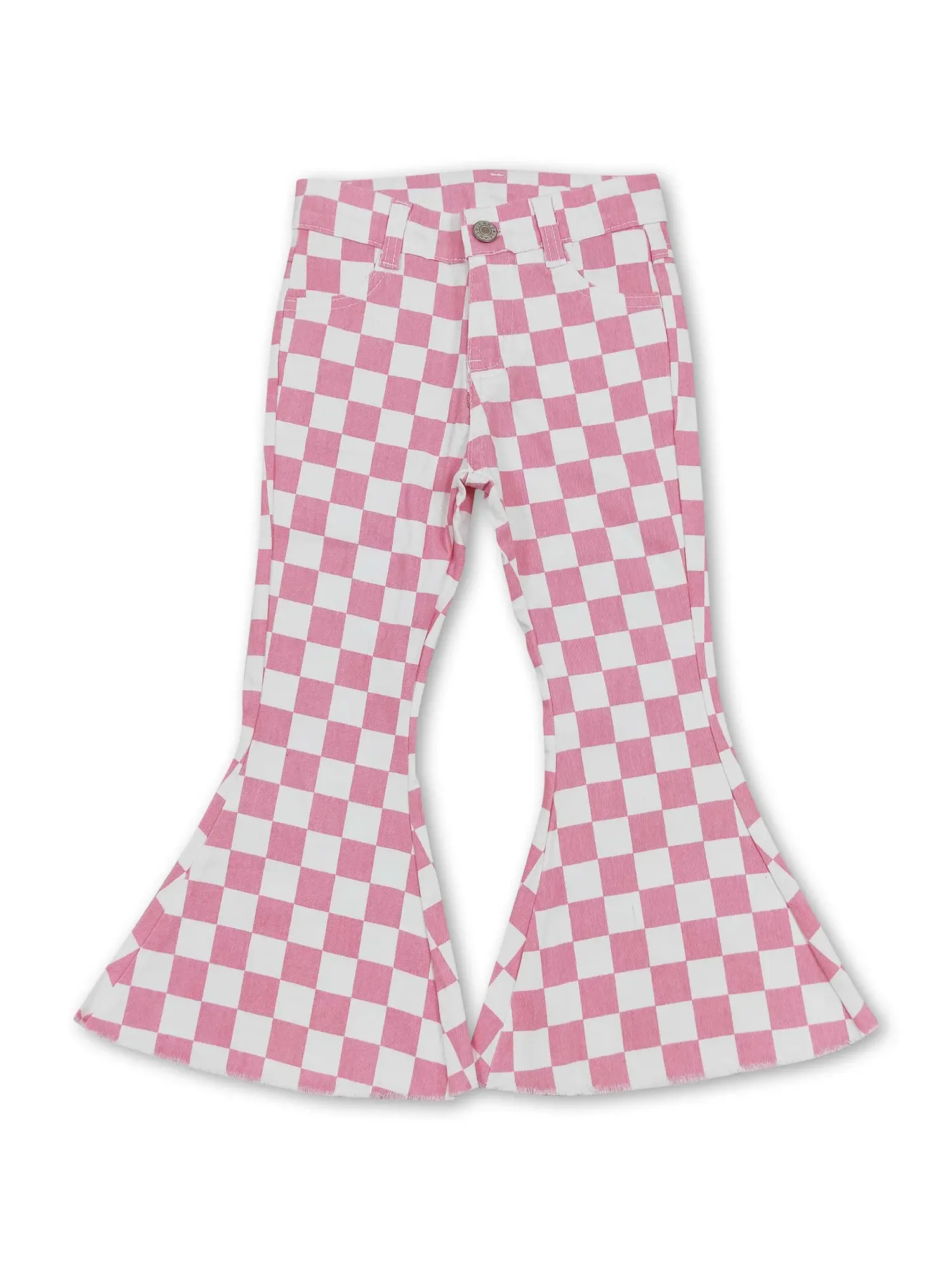 Girls' Plaid Print Flare Jeans, Stretchy Pink & White Denim Bell Bottoms, Cute & Comfortable Fashion Pants, Flare Jean, Plaid Print Pants