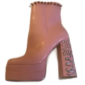 Wavy GOGO Leather Ankle Boots— Pink Block Heel with Platform, Wavy Patterned Heel, Spiked Ankle with Red Spikes, Pierced Ankle with Gold Split Rings and Brass Key Charms