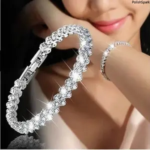 Classic Roman Crystal Tennis Bracelet for Women – Full Paved Sparkling Rhinestone, Gold Silver Rose Gold, 19.5cm, Elegant Jewelry for Daily & Party Wear