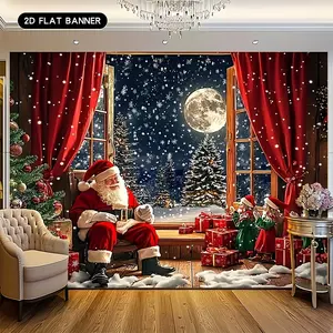 Santa Claus By The Window 2D Flat Banner - Christmas Table Decors, Party Supplies, Baby Shower Banner, Photo Booth Props, Indoor & Outdoor Decoration for Teenage Boys and Girls, Cozy & Colorful