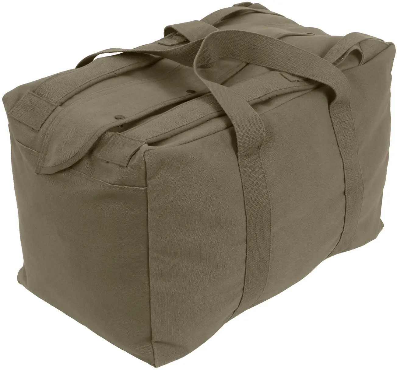 Heavyweight Canvas Overnight Duffel Bag - Olive Drab Parachute Cargo Style, Adjustable Backpack Straps, Detachable Shoulder Strap, Dual Reinforced Crosshatch Stitched Web Handles, 24"x15"x13" Extra Large Multi-Handled Travel Bag for Camping, Easy to Store
