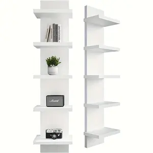 5-layer white PVC plastic suspended wall hanging storage system, smooth laminate vertical frame, suitable for bedroom/living room/entrance, upgraded tower design, can display jewelry green plants, simple art storage display shelf