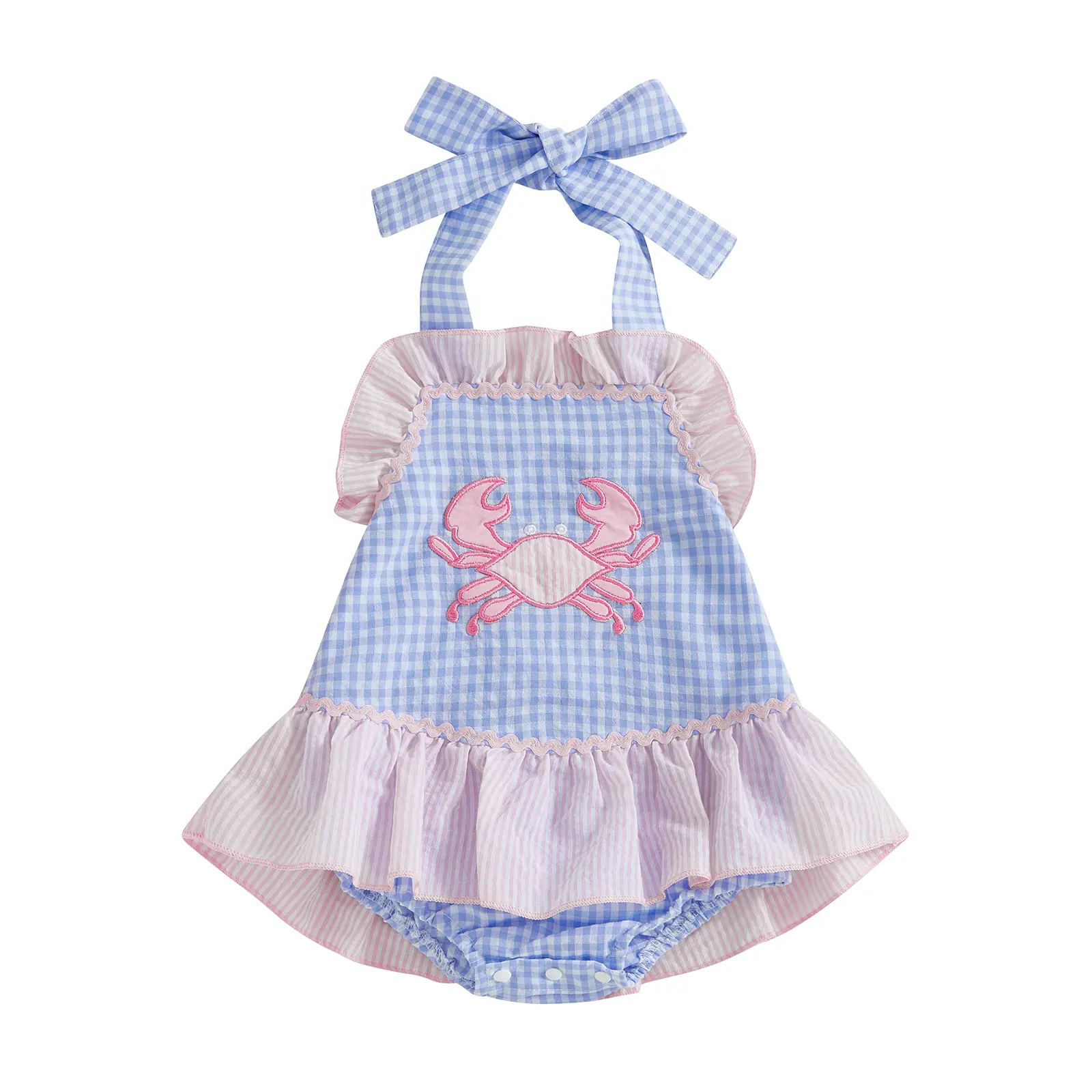 Canrulo Baby Girl Cute Crab Romper Dress Ruffles Sleeveless Halter Tie Up Gingham Plaid Overalls Onesie Bodysuit Outfit Summer Clothes