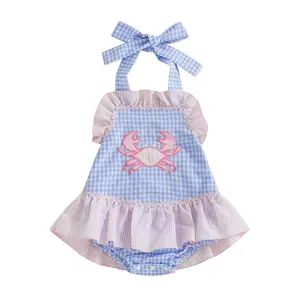 Canrulo Baby Girl Cute Crab Romper Dress Ruffles Sleeveless Halter Tie Up Gingham Plaid Overalls Onesie Bodysuit Outfit Summer Clothes