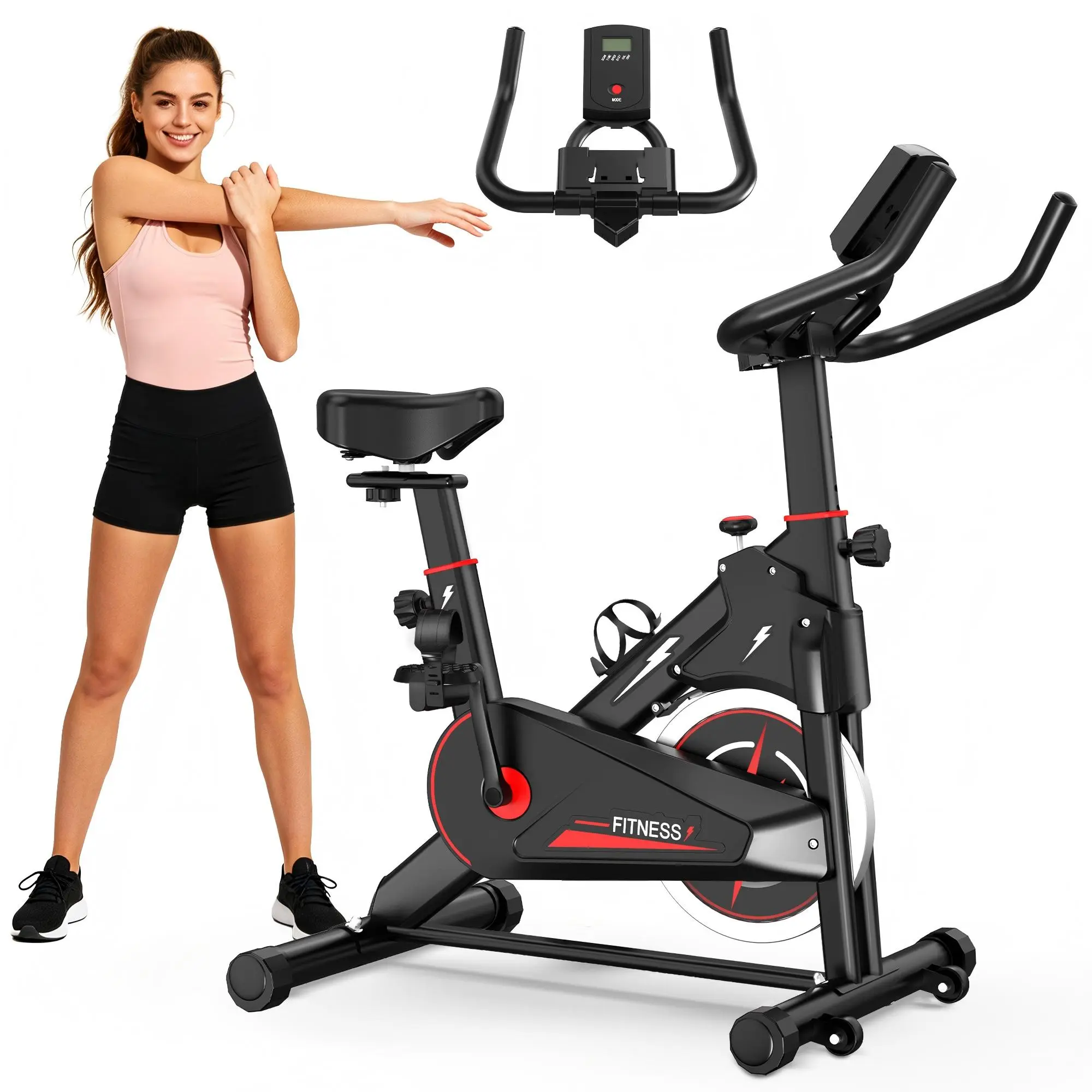 【Bellemave】 Stationary Indoor Exercise Bike - Home Fitness Machine, Indoor Fitness Equipment, Workout Station with Monitor, Adjustable Resistance, Comfortable Seat, Handlebars, Stable Base, Portable Compact Device for Cardio at Home