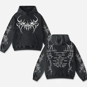 Retro Ash And Dust Washed Black Gothic Hoodie Cotton With Demon Tribal, Dark Streetwear Graphic Shirt, Dark Art Clothing Motorcycle Motorbike Supermotor Fan Gear