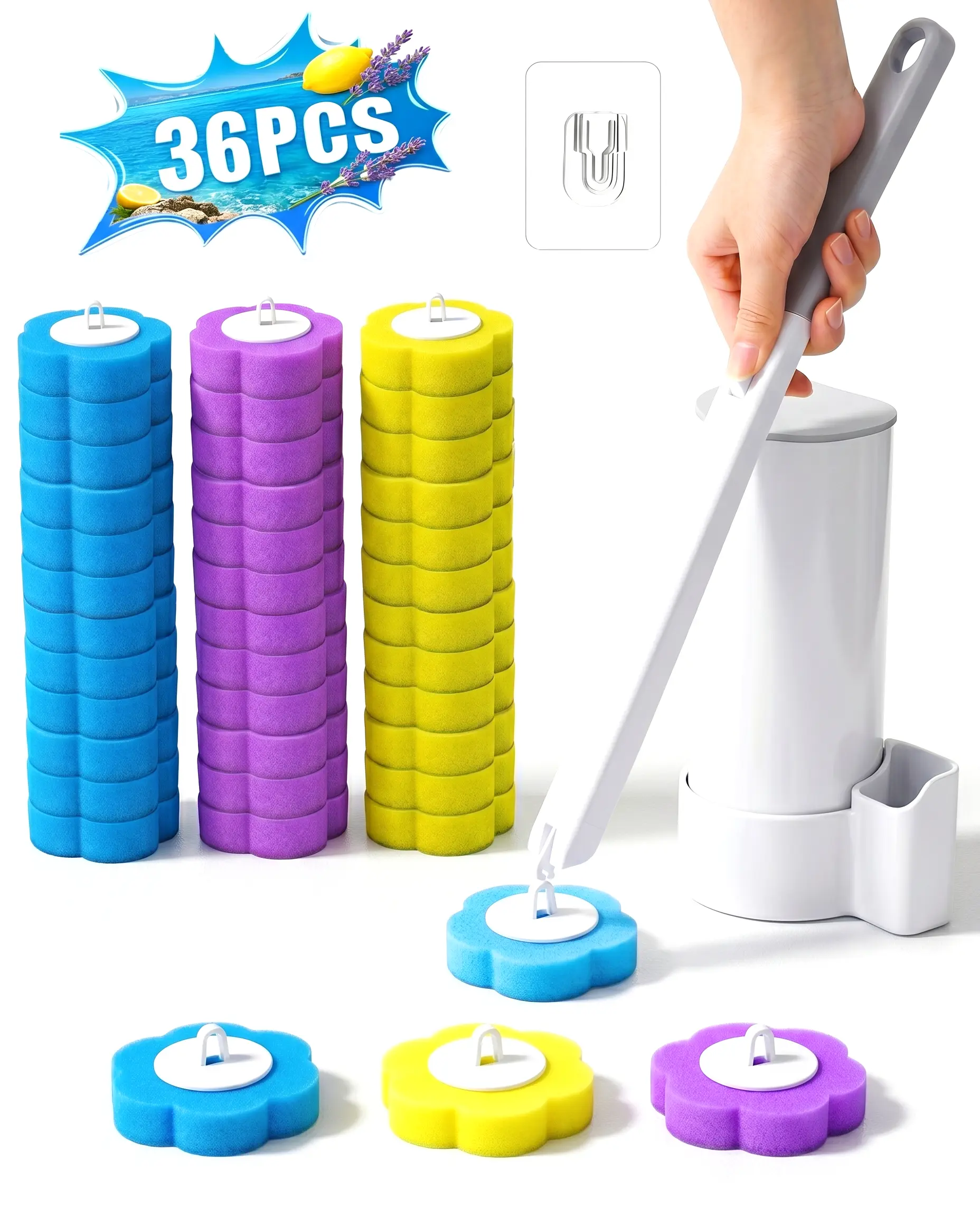 Disposable Toilet Brush Kit - Durable Plastic Wall-Mount Scrubber Wand Holder with Handle, 36 Lavender-Scent ABS Refill Compact Head Pads, 100% Hands-Free Space-Saving Daily Bathroom Cleaning Tool for Toilet Bowl Sink Dead Corners, Box, Plunger