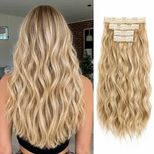 Medium Brown Mix Blonde Hair Extensions, 20 Inches Soft Synthetic Curly Clip in Hair Extensions 4Pcs