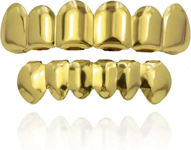 24K Gold Plated Hip Hop Teeth Grillz Punk Custom Fit Teeth Grillz Caps Top & Bottom Grill Set Removable Hip Hop Mouth Grills For Women Men Gift Halloween Party Photo Fancy Dress Accessories.ms