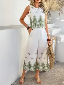 Two-Piece Set Women's Ethnic Pattern Keyhole Back Tank Top & Elastic Waist Pants, Bohemian Boho Sleeveless Top & Pocket Trousers for Beach Vacation Holiday, Comfy Summer Sets, Ladies Summer Clothes Womenswear, Style Icon Set