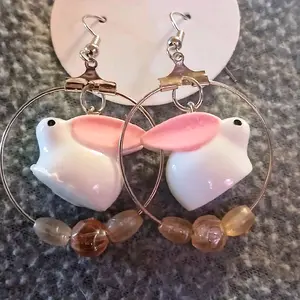 Bunnies Easter Eggs Hook Earrings with Pink Bunny Design and Beads, Metal Coating