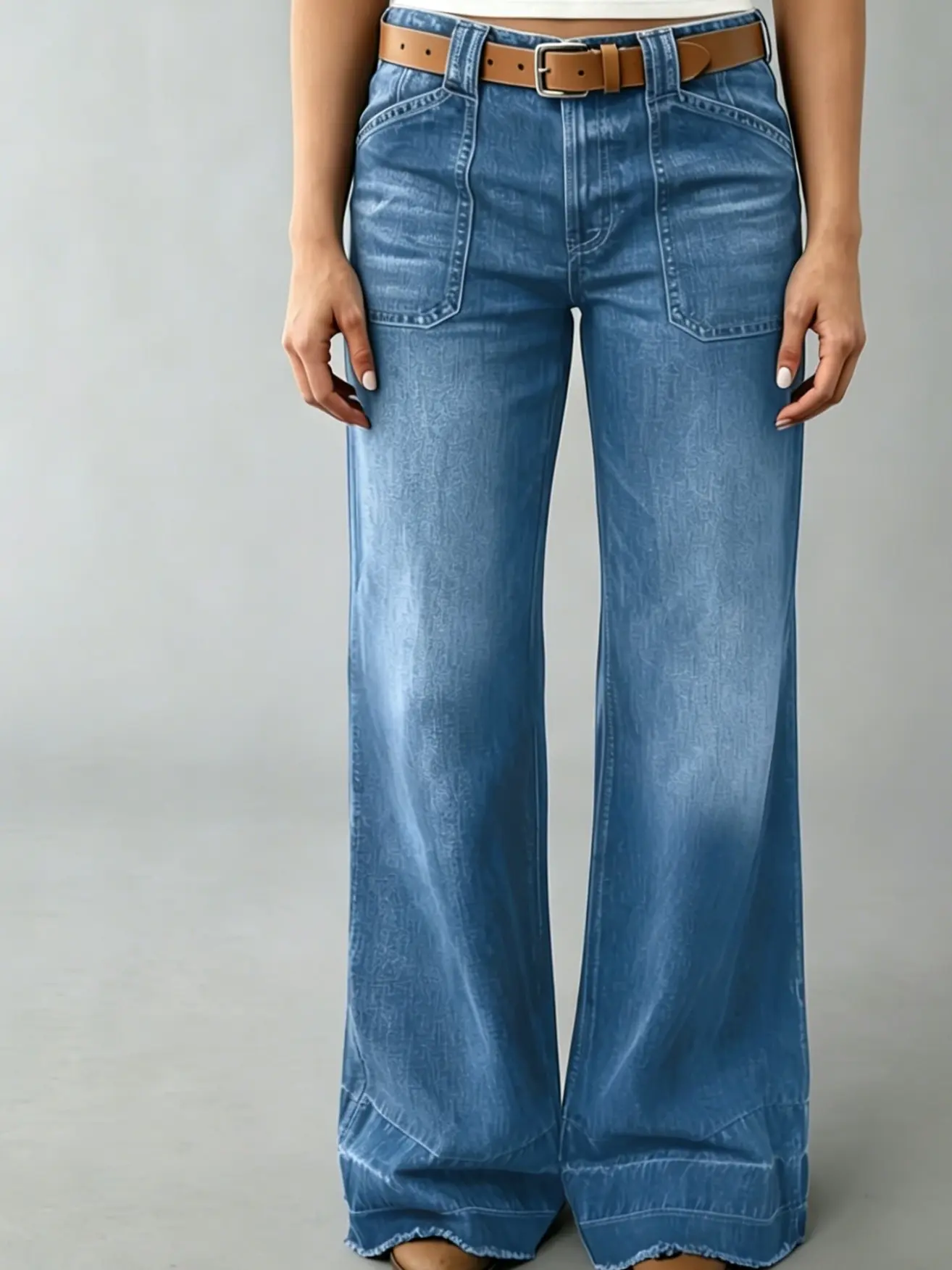 Women's High-Rise 90s Western Retro 3-Tone Dual Patch Pocket Bootcut Jeans, Full-Length Floor-Flowy Denim Pants With Leather Belt, Y2K Vintage Casual Womenswear Bottoms