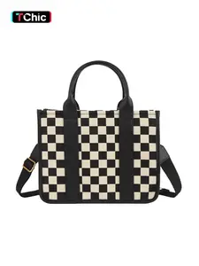 Checkerboard Pattern Tote Bag, Fashionable Canvas Shoulder Bag for Women, Casual Trendy Versatile High-quality Daily Commuting Bag, Girl Fashionable Shopping Bag