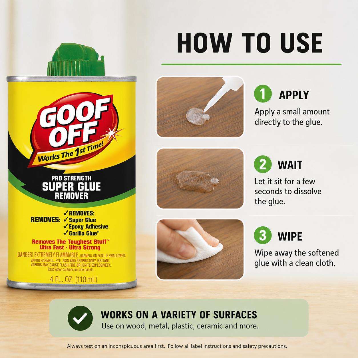 Goof Off Pro Strength Super Glue Remover, 4 fl oz Compact Fast-Acting Adhesive Remover - Professional Cleaning Solution for Super Glue, Epoxy, Sticky Residue for Household, DIY Projects, Home Supplies