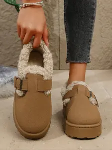 Women's Fashionable Belted Design Plain Color Fluffy Lined Snow Boots, Casual Warm Ankle Boots for Winter, Fluffy Shoes for Indoor & Outdoor