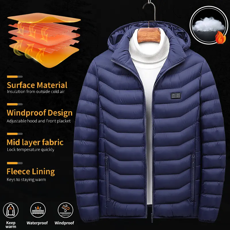 Men's USB Electric Heated Cotton Coat - Adults' Basic Casual Long-Sleeve Plain Foldable Hooded Round Neck Jacket with Rechargeable Battery for Warmth, Menswear Tops, Coats, Keep Warm