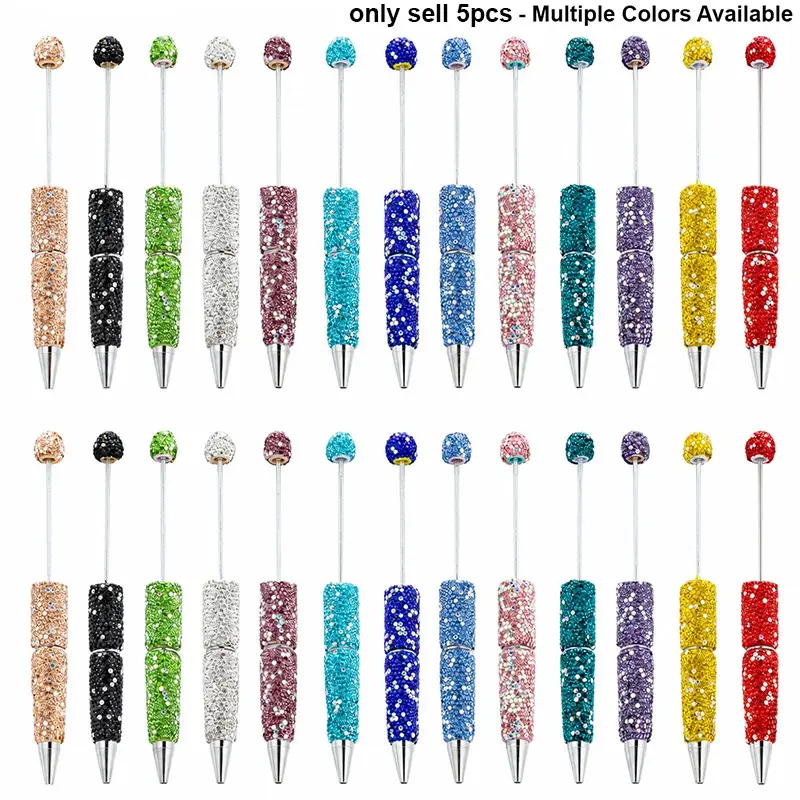 5pcs Rhinestone Beadable Pens, Glitter Ballpoint Writing Pens, Aesthetic Pens, Beaded Pens, DIY Bead Craft Making, Office Desk Accessories, Daily Use, Novelty Pens