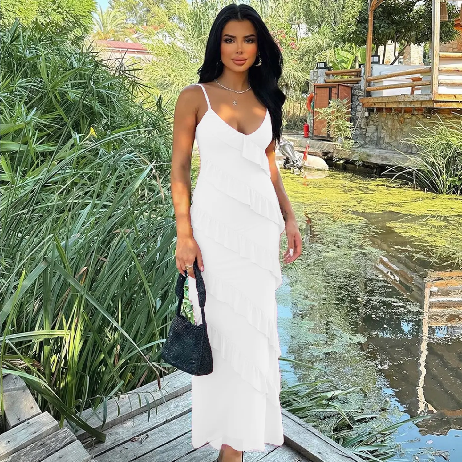 HOCILLE Women's Ruffle Mesh Maxi Dress Sexy Bodycon Backless Wedding Guest Dress 2026, Elegant White Graduation HOCILLE Women's Ruffle Mesh Maxi Dress Sexy Bodycon Backless Wedding Guest Dress 2026, Elegant White Graduation