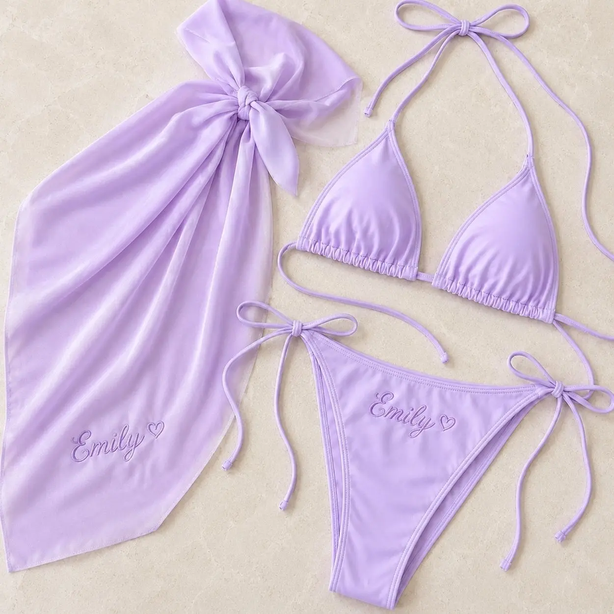 Custom Name Bikini Set and Sarong, Personalized Embroidered Bridal Swimsuit for Bride Honeymoon Vacation
