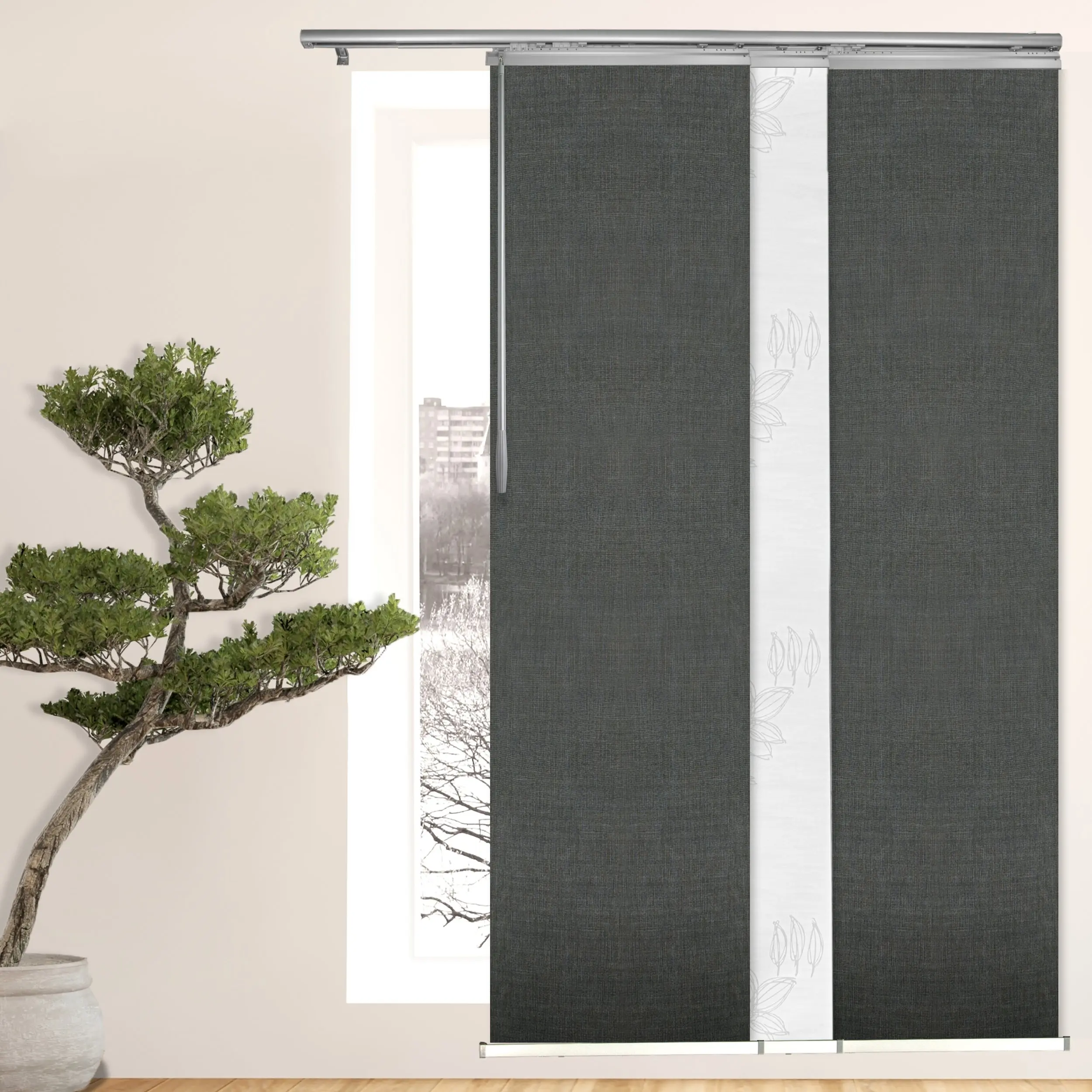 3-Panel Single Rail Panel Track Blind Extendable 36"-66"W x 91.4"H, Panel width 23.5", Lotus, Smoke