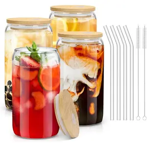 4PCS Glass Cups with Bamboo Lids and Straws, 16OZ Ice Coffee Cup, Drinking Cup set with Wooden Lids, Home Essential Glass Tumblers for Beer, Cocktail, Tea and Latte Clear