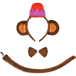 Monkey Costume Accessory Set Headband with Ears and Hat Bow Tie Tail Brown and Red 3-Piece
