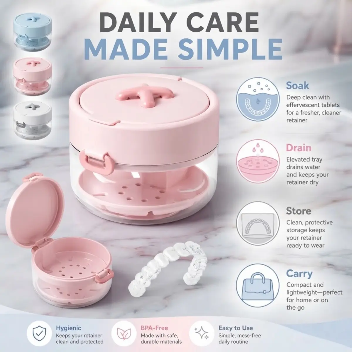 Retainer Cleaner Case Box Denture Cleaner Bath Container with Strainer Drain Tray Mirror Brush BPA Free Portable Travel Storage Case Holder for Invisalign Clear Aligners Mouthguard Night Guard Daily Oral Care Essentials