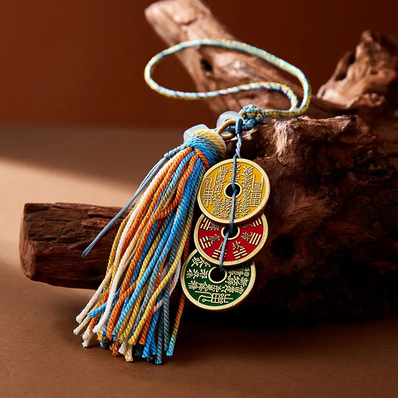 Traditional Chinese Mountain Ghost Flower Money Feng Shui Ornament - Solar Abundance Lucky Amulet Collectible, Home Decor with 3 Energy Coins, Vibrant Tassel