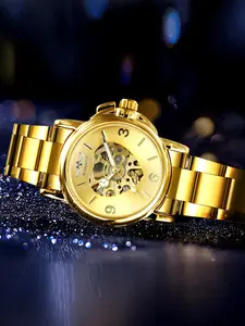 1pc Fashion Golden Ladies Watches Top Brand Luxury Skeleton Automatic Mechanical Watch for Women Stainless Steel Strap Business Casual Elegant Wristwatches Fashionable Stylish Watch Mechanical Style Watches