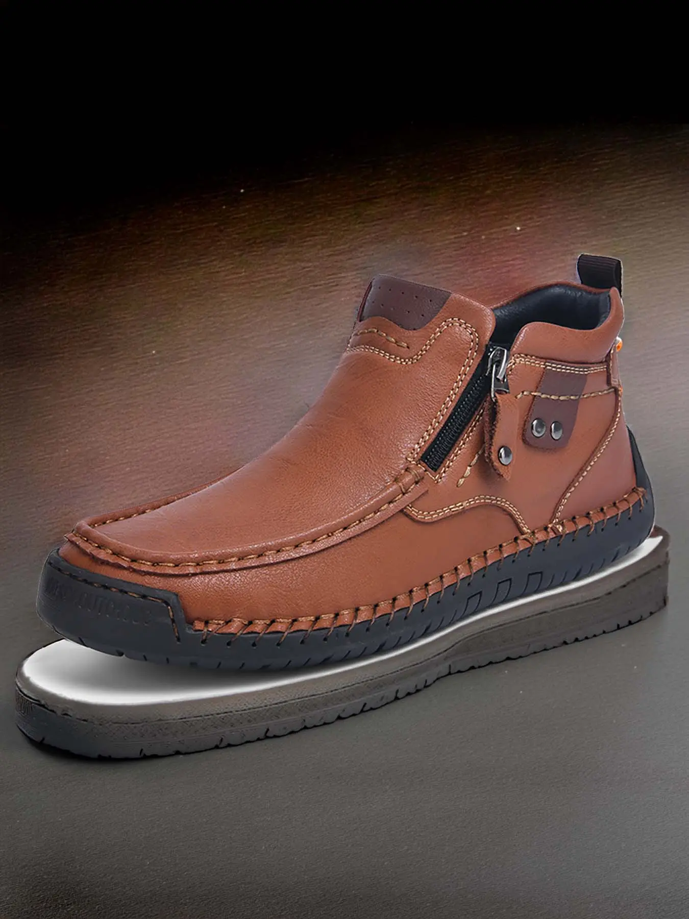 Men's Hand-Stitched Side-Zipper High-Top Casual Shoes, Soft-Soled Non-Slip Slip-On Driving Shoes, Daily Commuting & Outdoor Work Boots
