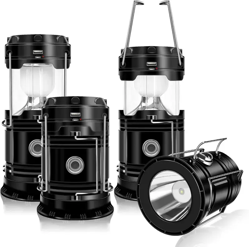 4-Pack Collapsible Portable LED Solar Camping Lantern, Upgraded 360° Wide Lighting Emergency Light, Waterproof Solar & USB Rechargeable Flashlight, Practical Holiday Gift for Outdoor Camping Hiking Hurricane Power Outage