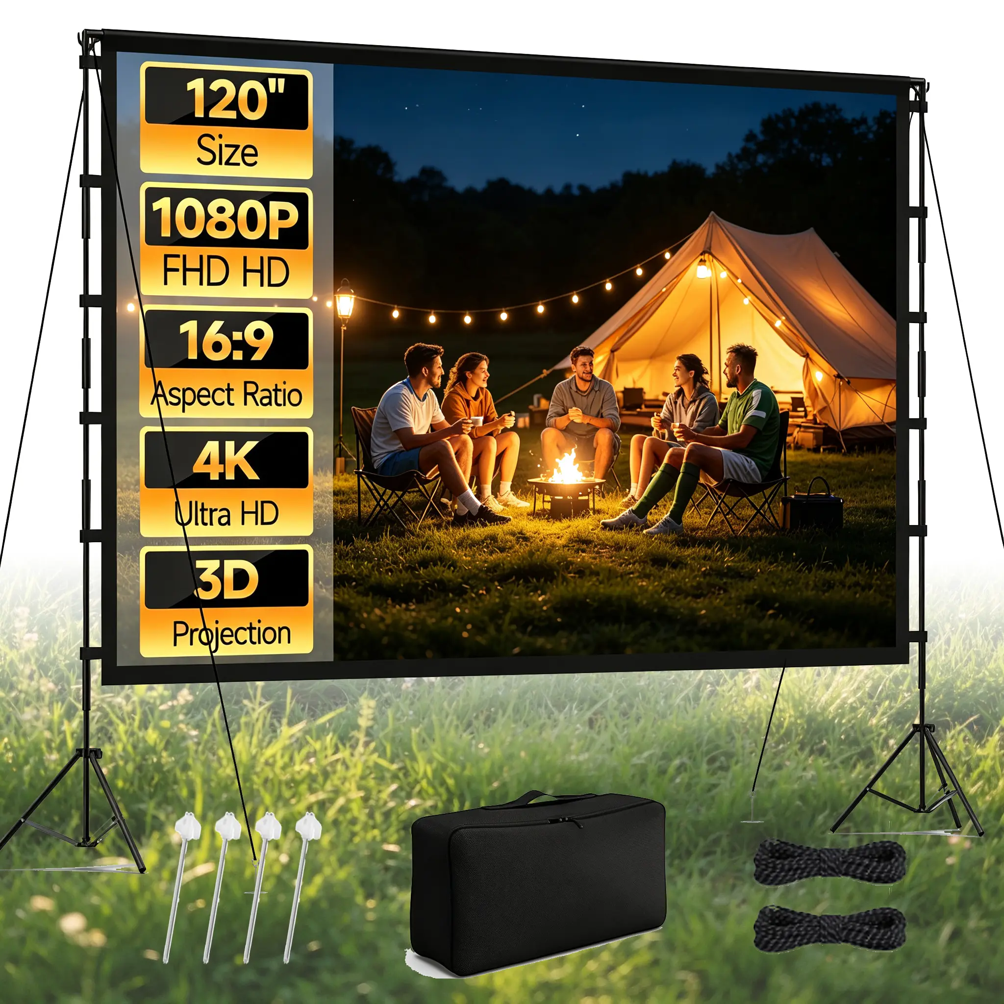120-Inch Projector Screen with Stand, 16:9 4K HD Portable Projector Screen, Indoor/Outdoor Use with Carrying Bag for Home Theater, Backyard, Camping, Movie Night