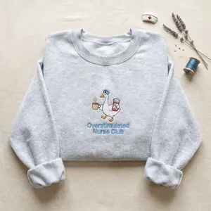 [MADE IN US] Embroidered Overstimulated Nurse Club Hoodie, Sarcastic Goose Nursing Sweatshirt, Coffee and Medicine Gift for Nurses