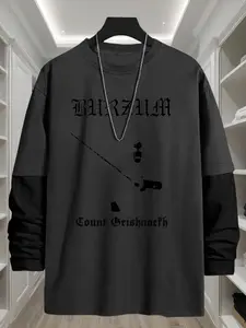 Men's Geometric Print Long Sleeve Tee, Casual Comfy Loose Fit Round Neck T-shirt for Daily Wear, Men's Top for All Seasons, Casual Streetwear Top