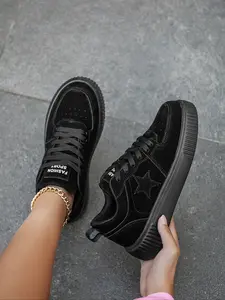 Women's Star Fashion Letter Pattern Flat Platform Sneakers, Low Top Lace-Up Height-Boosting Casual Shoes, Style Student Commute Sports Shoes