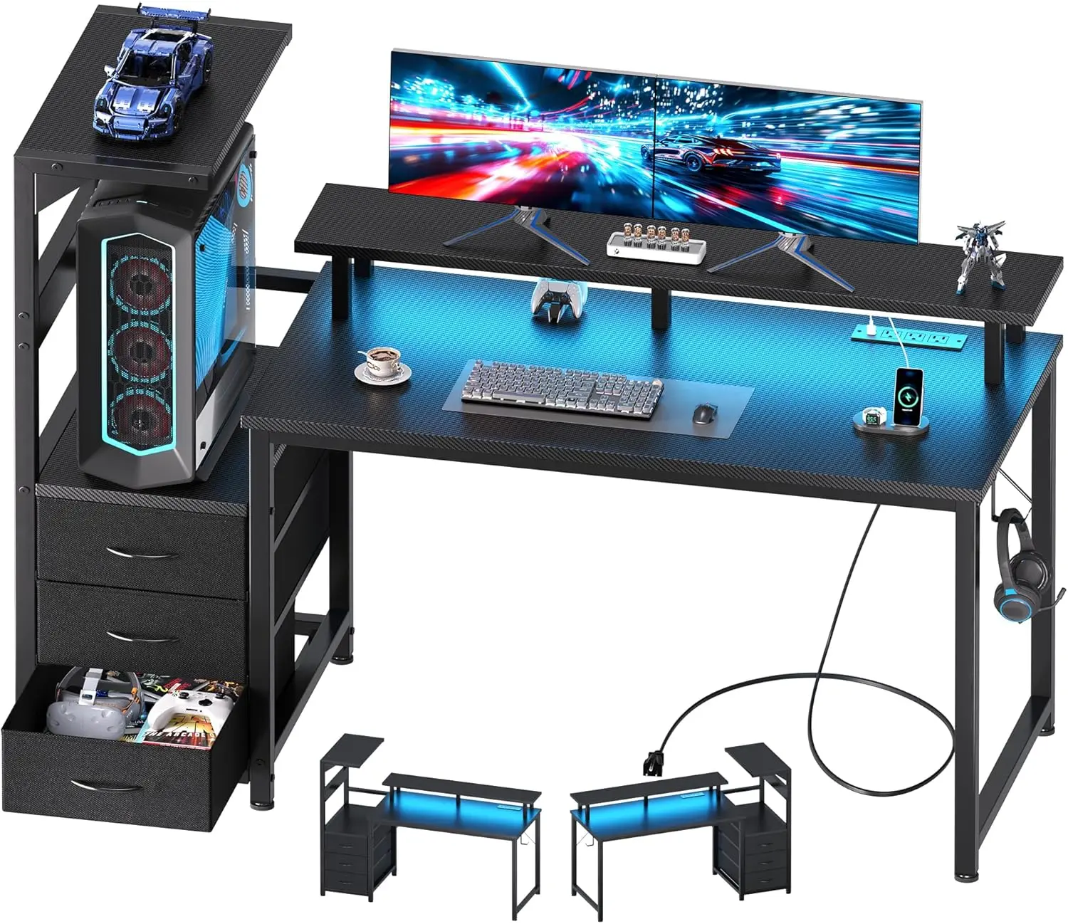 Sweetcrispy 59'' L-Shaped Gaming Desk, Office Wood Table with Shelves, Storage Drawers, LED Lights, Power Outlets, PC Stand & Cable Management for Bedroom Dual Monitor Streaming, Gaming Desks