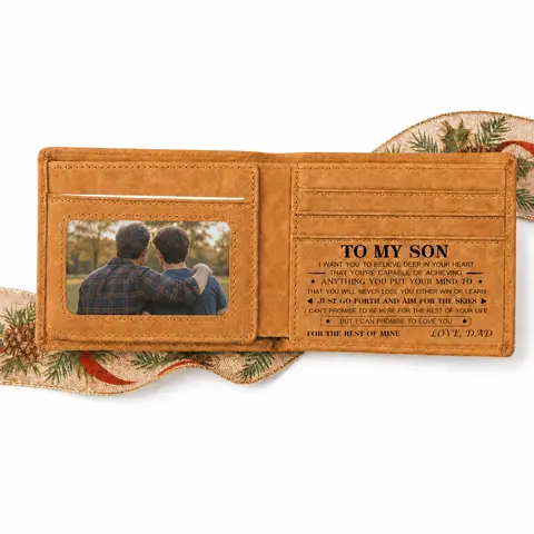 KISSFAITH Men's Quality Leather Bifold Cardholder Wallet - Custom Gifts with Skies-Aiming Quote, Inscribed Message - Engraved Present for Dad, Mom - Christmas Occasion