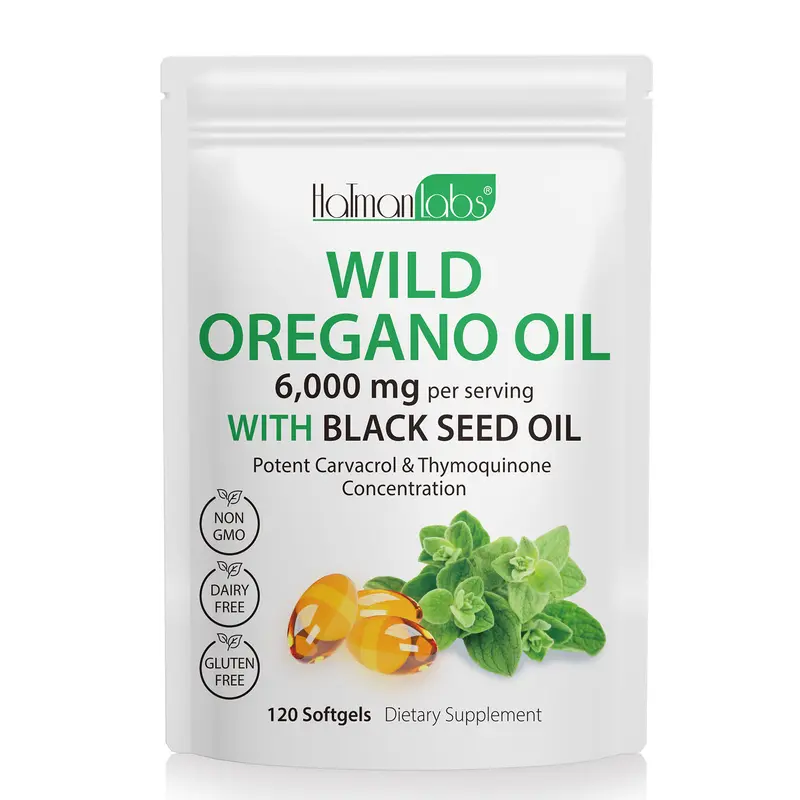 Hatmanlabs Organic Wild Oregano + Black Seed Oil Softgels - 6000mg per Serving, Sugar-Free, Dairy-Free Organic Focus Natural Selfcare Supplement with Vitamins, Energy Support for Fitness (All Ages)