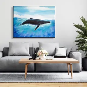 360 Stand Blue Whale Coastal Sea Framed Wall Print - 36x48 in. Artistic Ocean Artwork, Nature Home Decoration, Room Gift