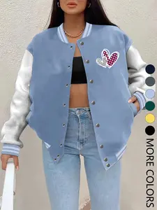 New Women's Fall Winter Baseball Jacket, Creative Heart Print, Casual Sports Outerwear, Comfortable Versatile Style for Daily Wear