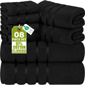 8-piece luxury towel set, 2 bath towels, 2 hand towels and 4 face towels, 600g ring-spun cotton, highly absorbent viscose striped towels, suitable for daily use, black: Home & Kitchen