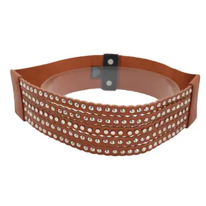 TrendyFashionJewelry Women Fashion Wide Corset Belt Hip High Waist Silver Metal Studs Spikes Elastic Waistband Fit Size S M (Brown), One size fits Small - Medium