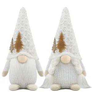 Set of 2 Christmas Gnomes Plush Xmas Winter Decorations Reindeer Handmade Elf Dwarf Figurines for Home Kitchen Farmhouse Tiered Tray Holiday Festival Party Scandinavian Tomte - White