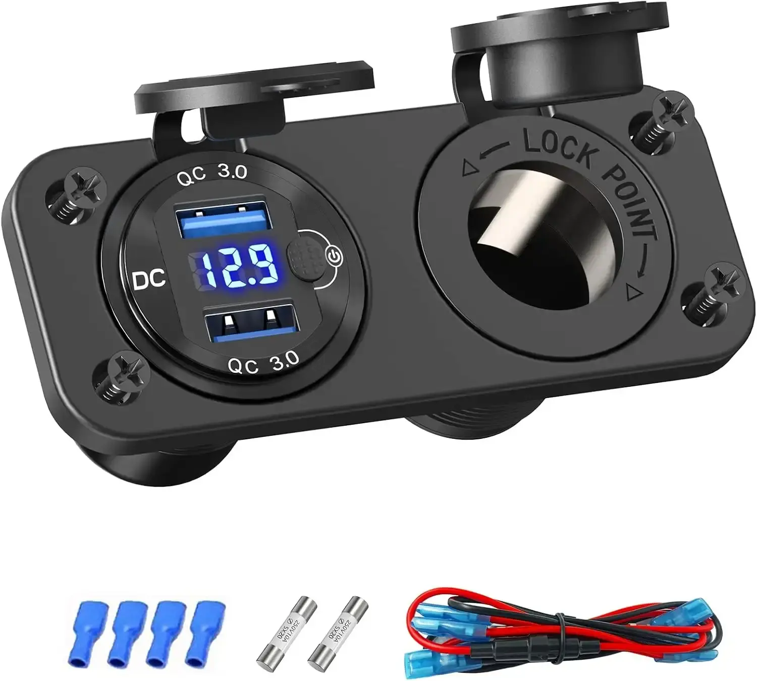 Cigarette Lighter Socket 12V Power Outlet,  Aluminum 40W Dual QC3.0 USB Charger Socket with LED Voltmeter Switch,150W DC Lighter Socket Waterproof 12V Plug Panel for Car Boat RV Marine Golf Cart