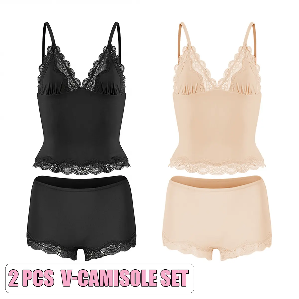 V-Camisole Set(Black/Beige)