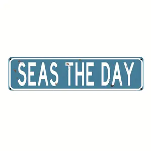 1 count "SEAS THE DAY" Vintage Metal Tin Sign Wall Art - 16x4 Inch Rustic Distressed Blue & White Lettering, Waterproof & Dustproof Wall Decor for Home, Bar,Cafe,Garage,Restaurant,Metal Wall Decor,Cafe Signage,Nautical Theme,Home Decoration,Retro Plaque