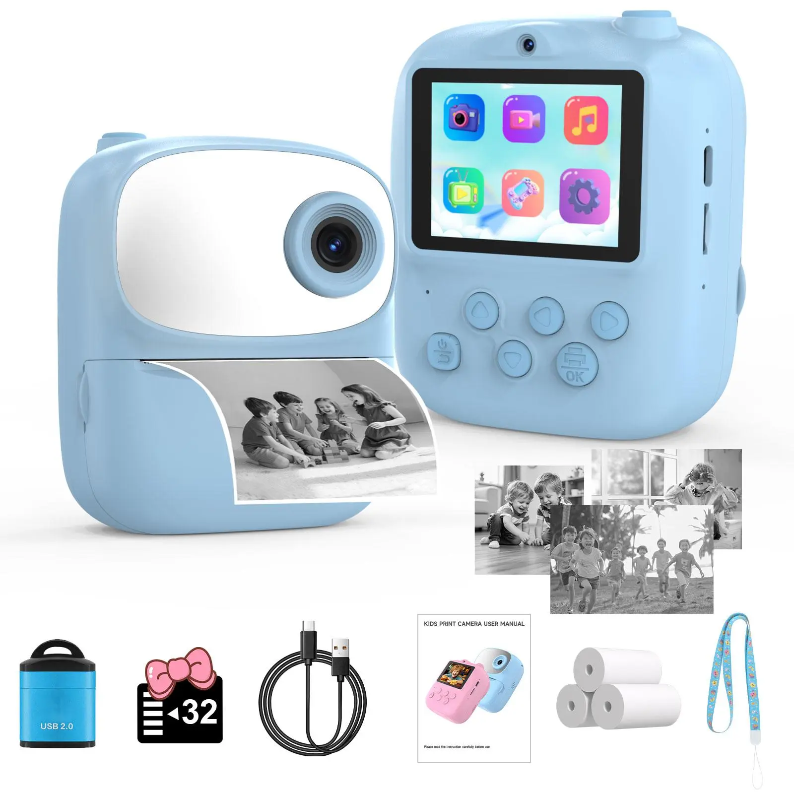 Kids Instant Print Camera (with 3 Rolls of Paper), 12MP Digital Selfie Camera, 1080P Portable Camera with 32GB TF Card, Suitable as Christmas/Birthday/Holiday Toy Gift for Girls & Boys Aged 3-12, Mini Digital Camera (Blue))
