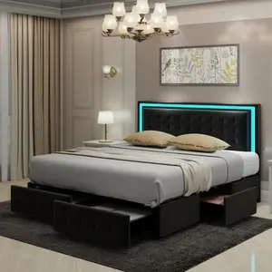 Full Size Led Bed Frame with 4 Storage Drawers, Smart Control RGB LED Lights on Headboard, With Remote Control, Upholstered Adjustable Headbaord, Velvet-B2727P253261