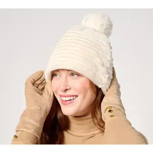 Sprigs Striped Faux Fur Beanie with Pom-Pom & Texting Glove