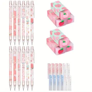 12Pcs 0.5mm Mechanical Japanese Pencils+6Pcs Cute Peach Eraser+12Pcs Tube HB Refill Kawaii Stationery Back to School Gift Set
